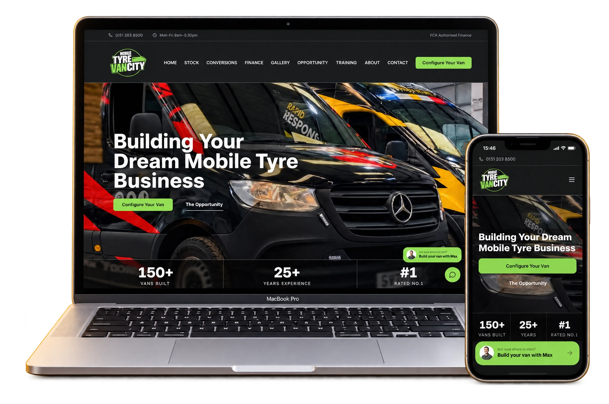 Mobile Tyre Van City website displayed on a MacBook and phone