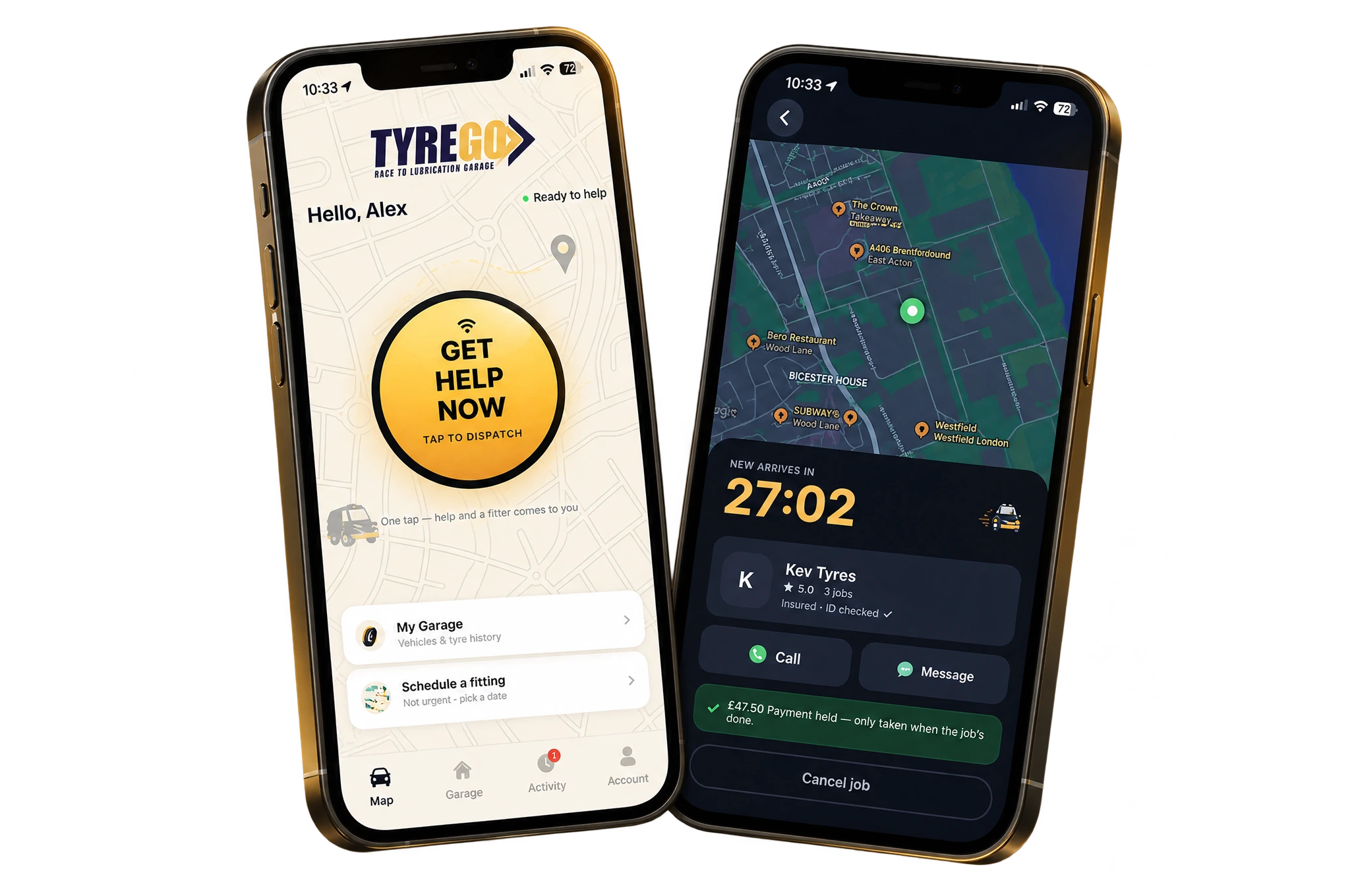 TyreGo request-help and live-tracking screens displayed on two phones